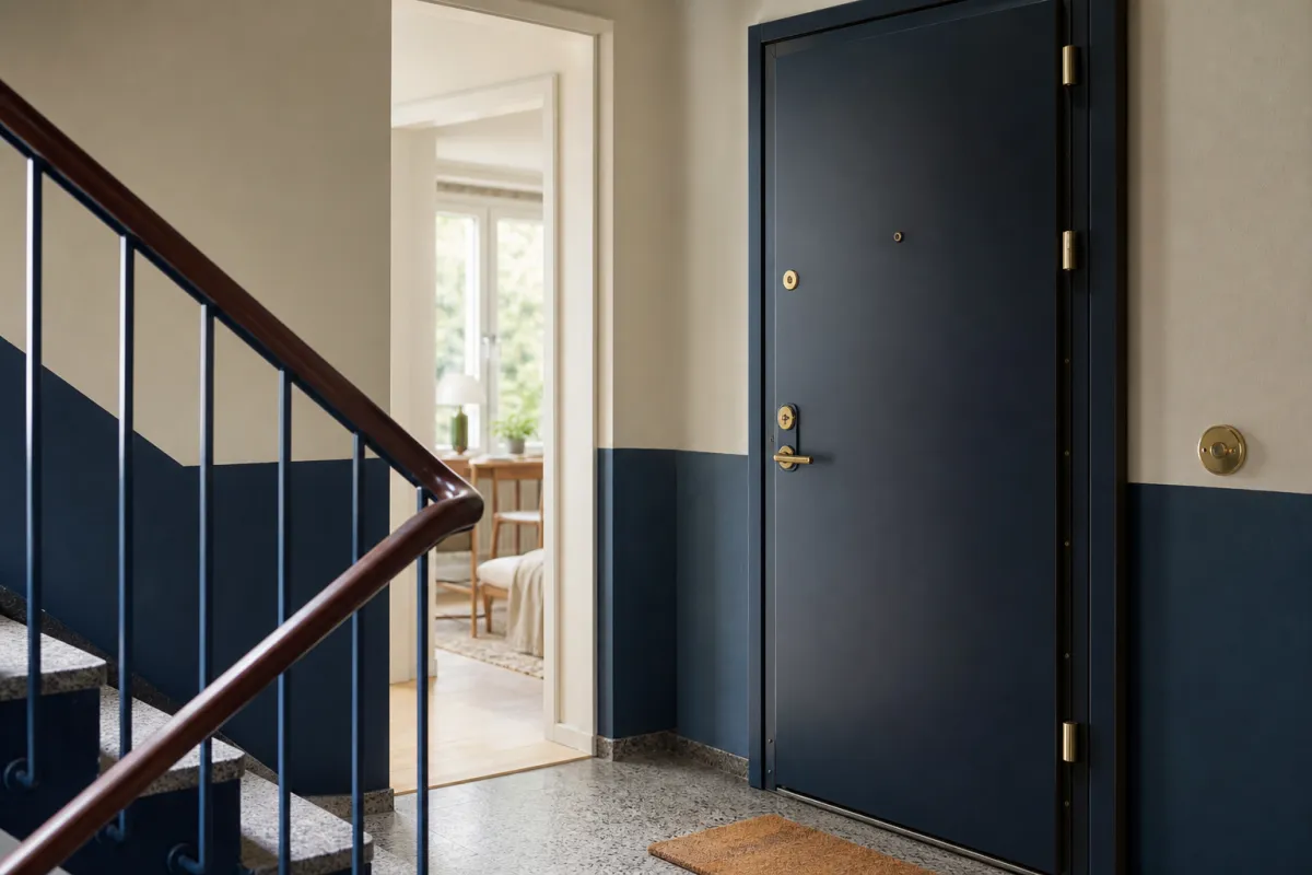 En tung säkerhetsdörr i ett modernt svenskt trapphus.