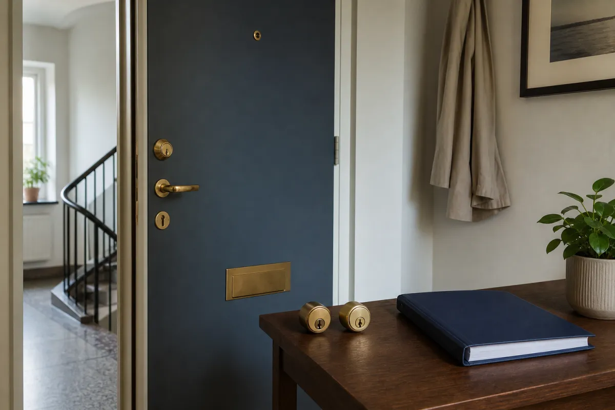 En bostadsrättsdörr i trapphus med låsalternativ på insidan och blank föreningsmapp.