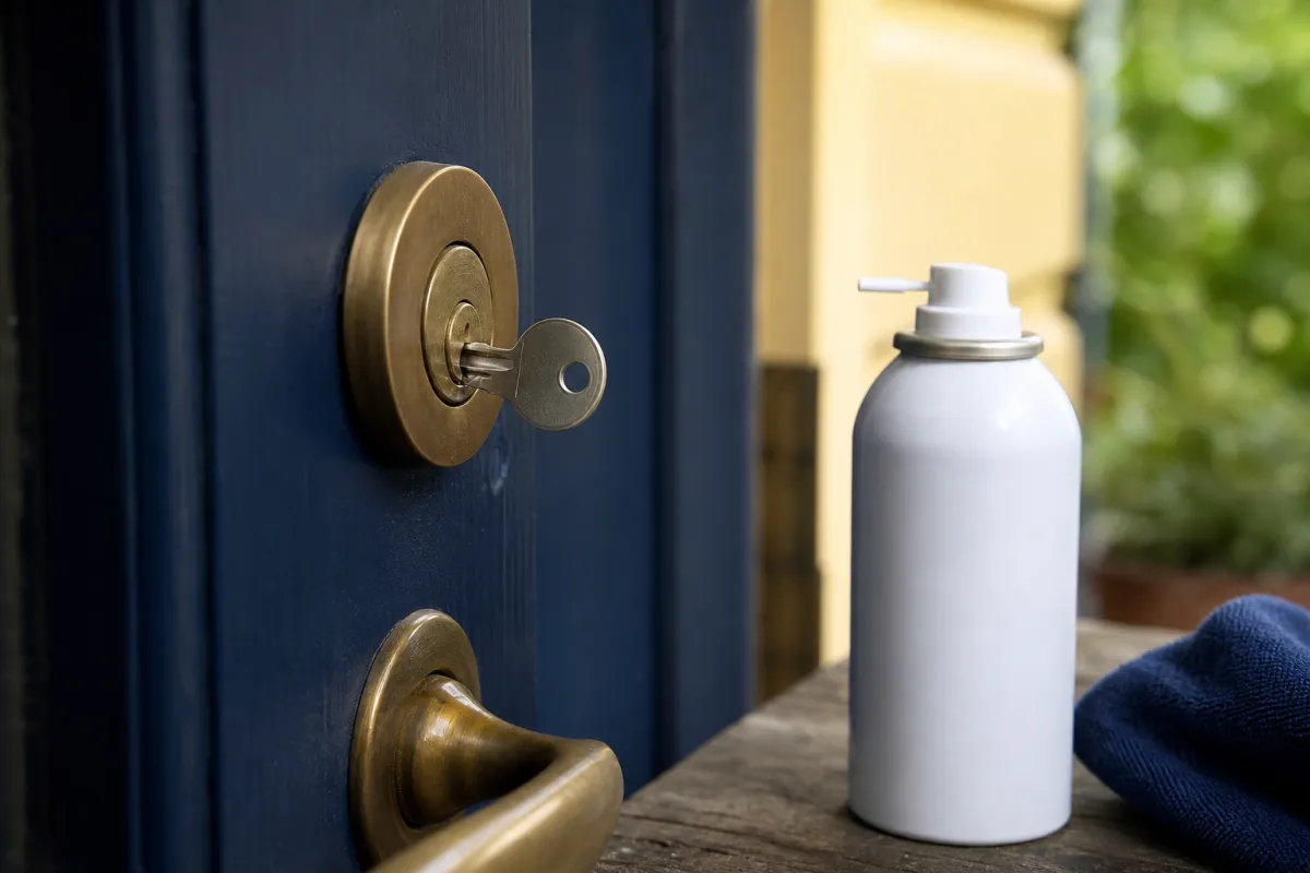 En nyckel som går trögt i en cylinder med underhållsspray intill.