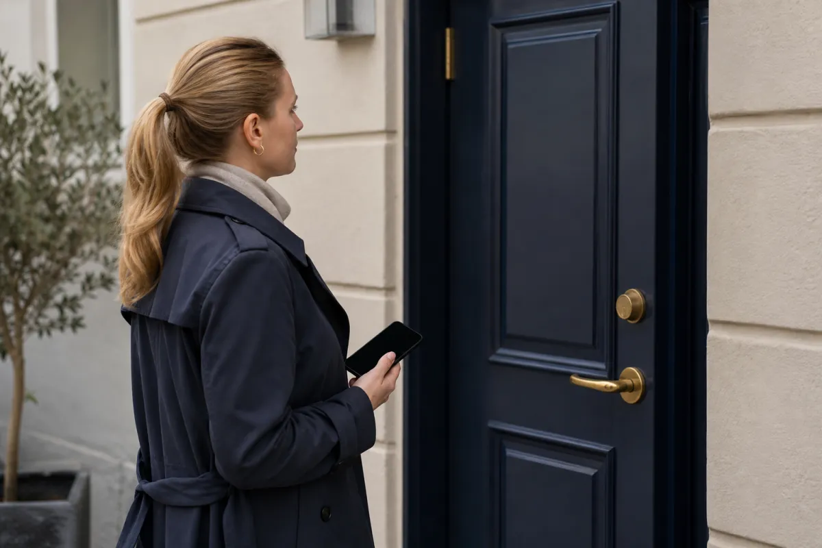 En person som väntar lugnt utanför en låst ytterdörr med mobilen i handen.