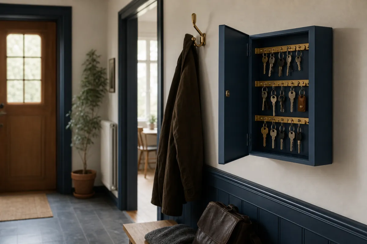 Ett väggmonterat nyckelskåp i en svensk hall.