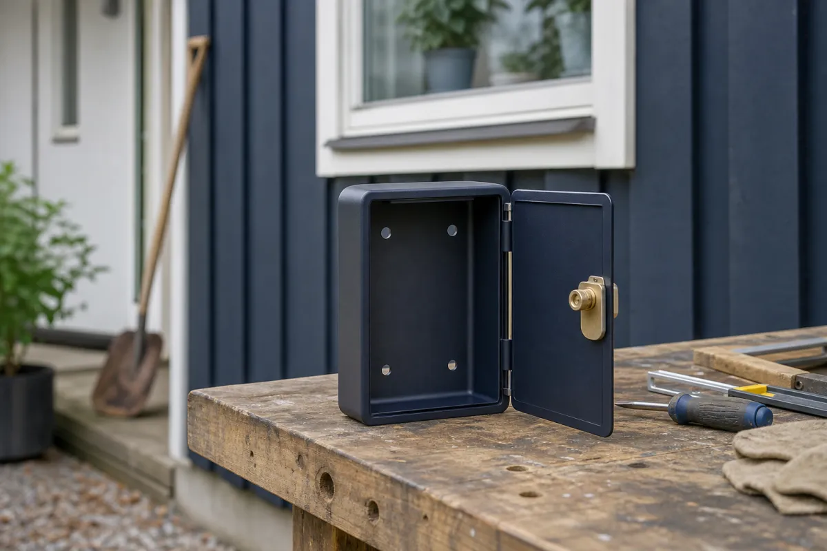 En liten nyckelbox på arbetsbänk, tom och omonterad, med husvägg mjukt i bakgrunden.