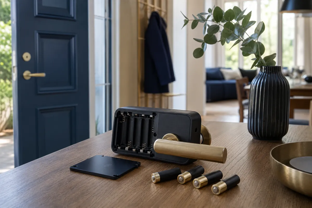 Ett smart lås med öppet batterifack och reservbatterier på ett bord.