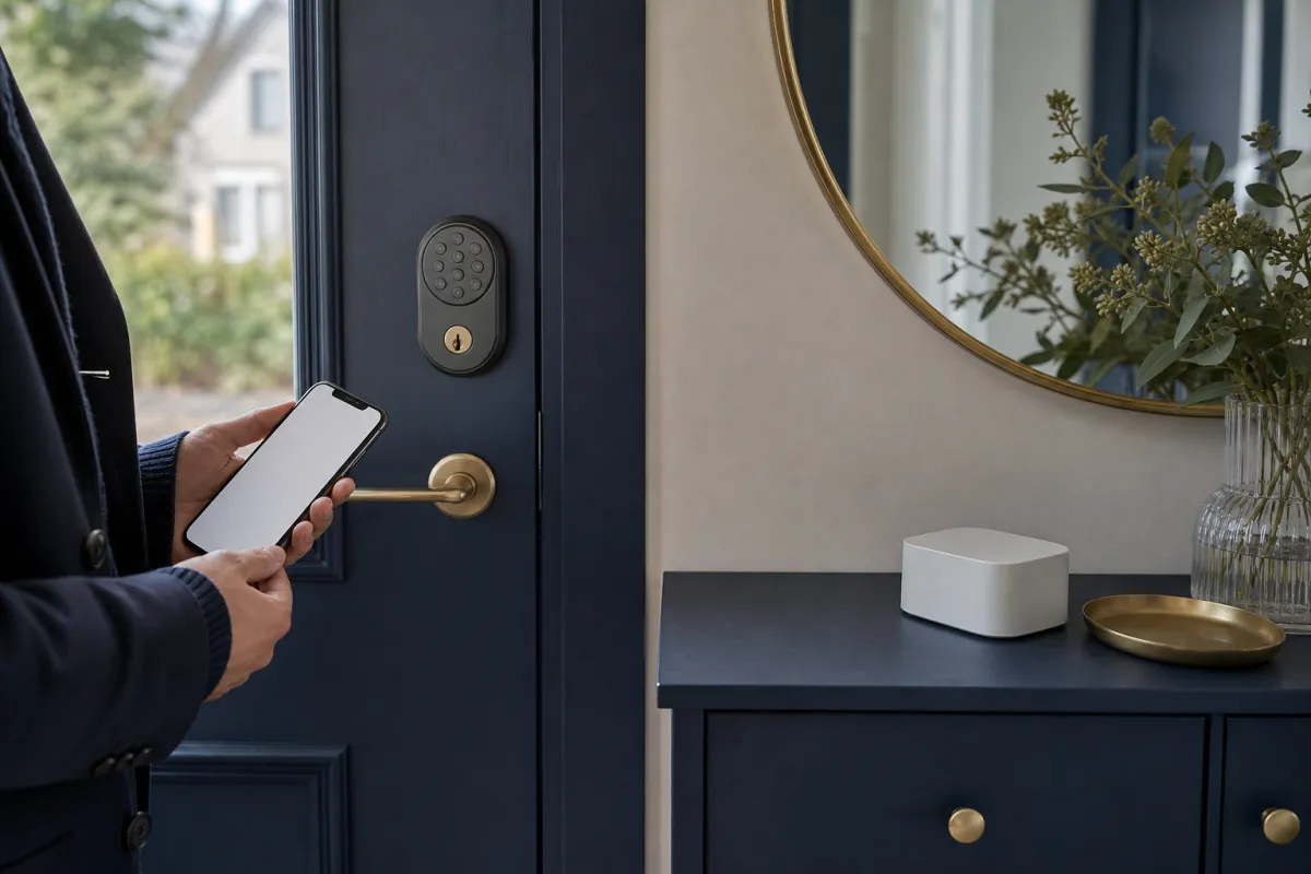 Ett smart lås kopplat till mobil och liten hemhub på en hallmöbel.